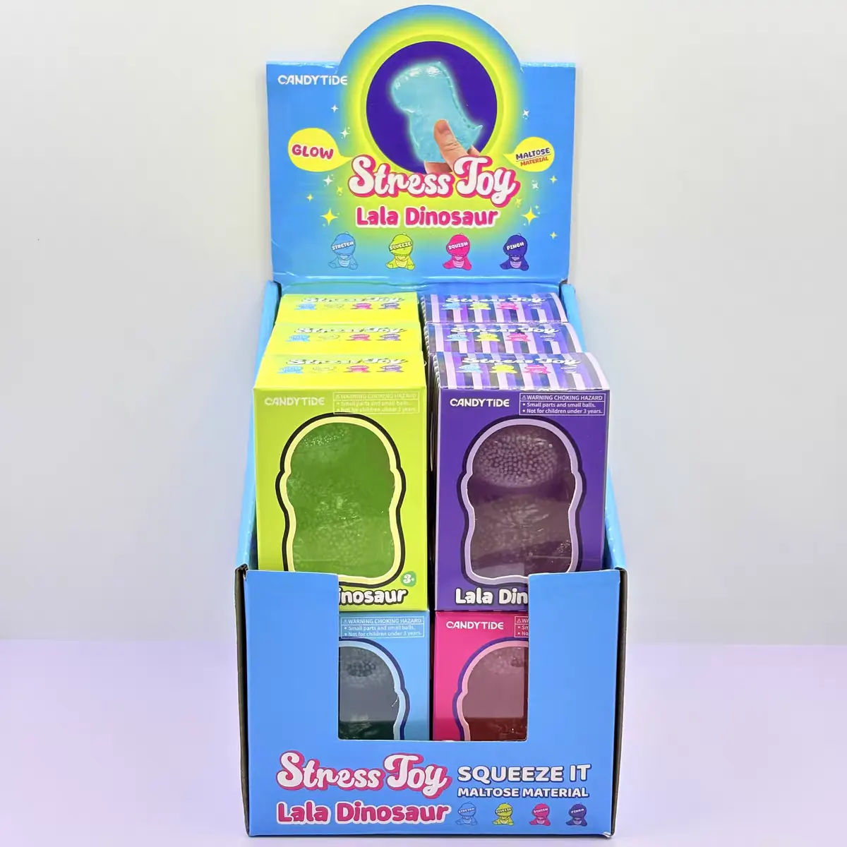 CANDYTIDE Glow‑in‑the‑Dark Lala Dinosaur, Glitter Filled TPR Squeeze Stress Relief Toy
