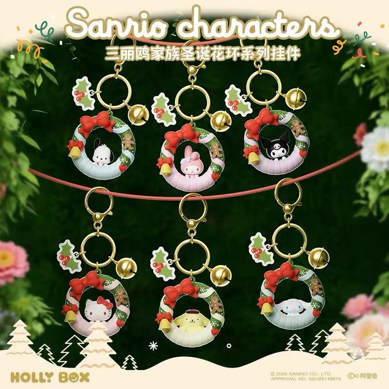 HOLLY BOX Sanrio Characters Christmas Wreath Series Keychain, Cute Cartoon Character Bag Charm Pendant, Kawaii Key Ring Ornament, Gift for Girls, 6Pcs/Set
