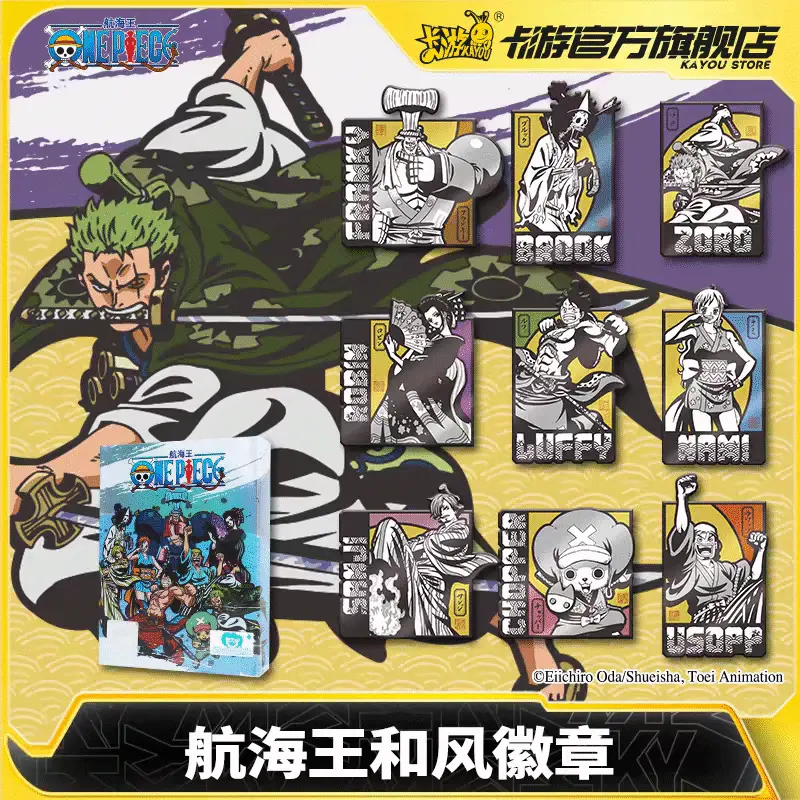 Kayou Official Licensed One Piece Wano Country Japanese Style Square Metal Badge Full Box Set, Anime Character Enamel Pin Blind Packs Complete 9 Designs, Collectible Button Badge Pins for One Piece Fans