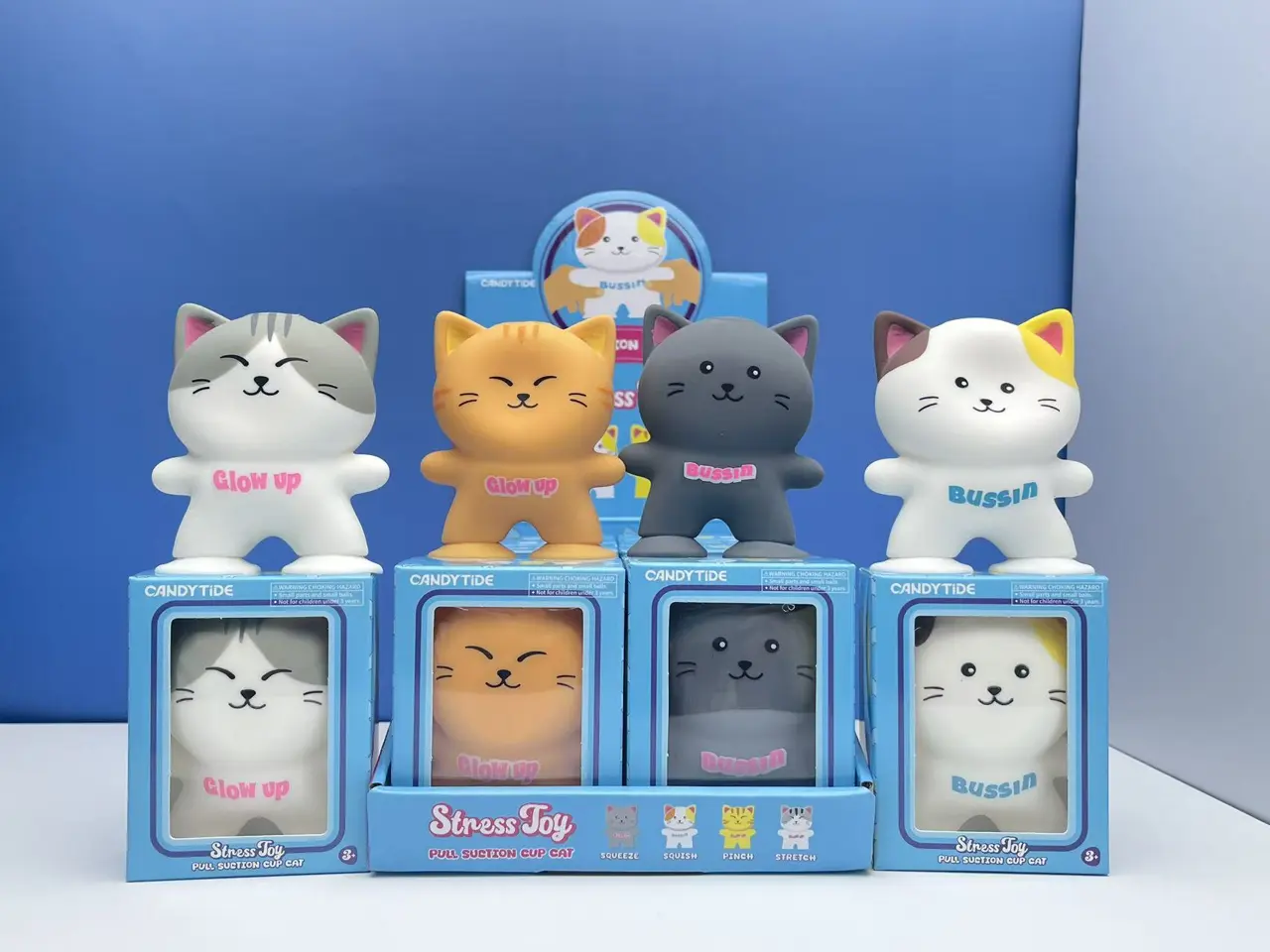 CANDYTIDE Pull Suction Cup Cat Squishy Stress Toys, 4 Styles Cute TPR Fidget Toys