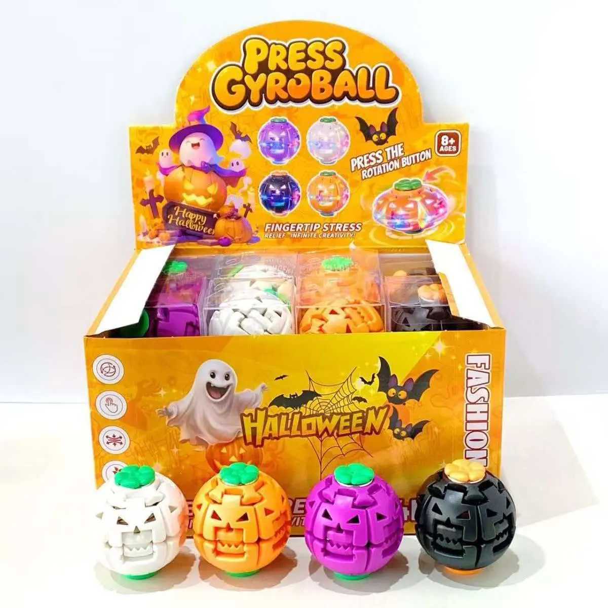 Halloween Pumpkin Spinning Top Toys with LED Flash Lights & Spooky Music, Press-and-Go Light-Up Flying Gyro Top, Halloween Party Favors Goodie Bag Fillers & Trick-or-Treat Gift for Kids (Pack of 1 / Bulk)
