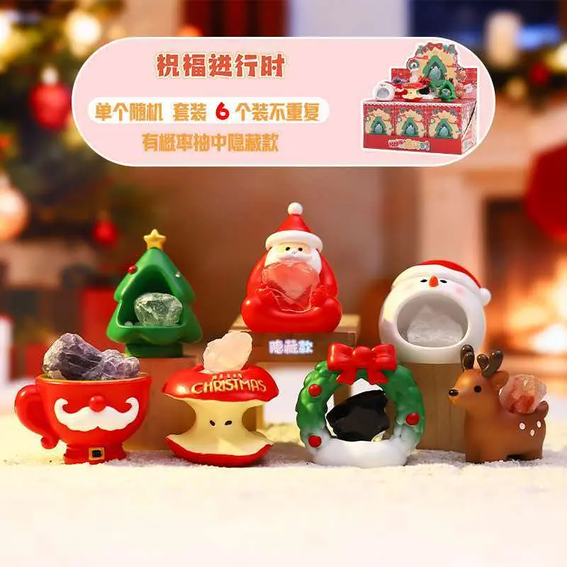 Christmas Wishing Crystal Sprites Mystery Blind Box, Cute Winter Holiday Natural Crystal Stone Mini Figurines, Merry Christmas Tabletop Ornaments Home Decor & Secret Chase Collectibles, 6Pcs/Display Box