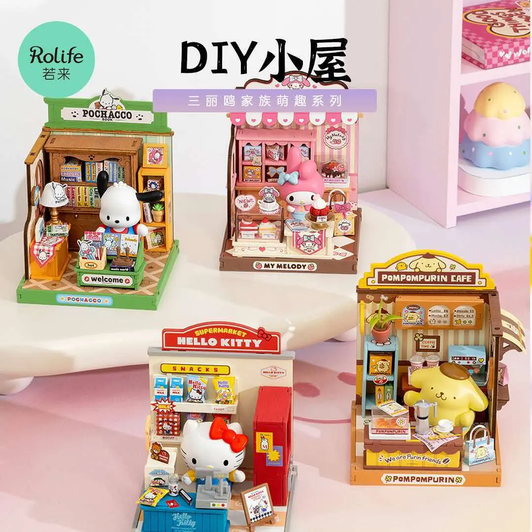 ‌Rolife Sanrio DIY Miniature House Kit – Cute Shopkeeper Series, 4 Styles Collectible 3D Puzzle Mini Shop Model with Figure, Official Licensed Hello Kitty/My Melody/Pochacco/Pompompurin, 101PCS Desktop Decor Gift