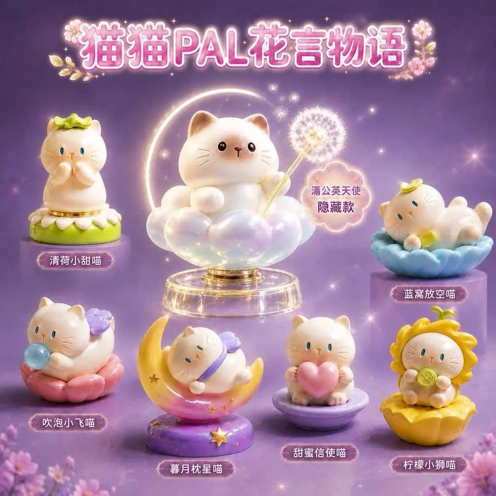 Cat Cat PAL Flower Whisper Series Blind Box | Sen Zhi Wu Original Kawaii Cat Mini Figure, 6 Regular + 1 Hidden Dandelion Angel, Resin Flower-Theme Collectible Desk Ornament | Cute Gift for Girls, Cat Lovers & Blind Box Collectors