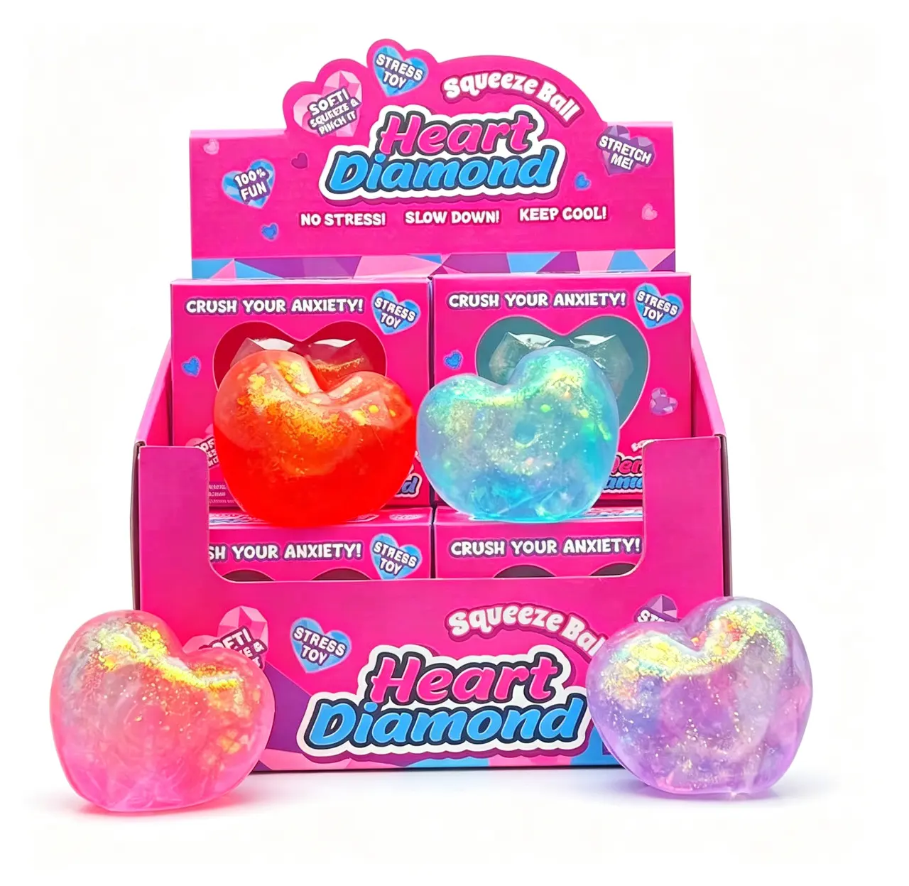 CANDYTIDE Heart Diamond Glitter Stress Relief Squeeze Ball 4-Color, TPR + Maltose