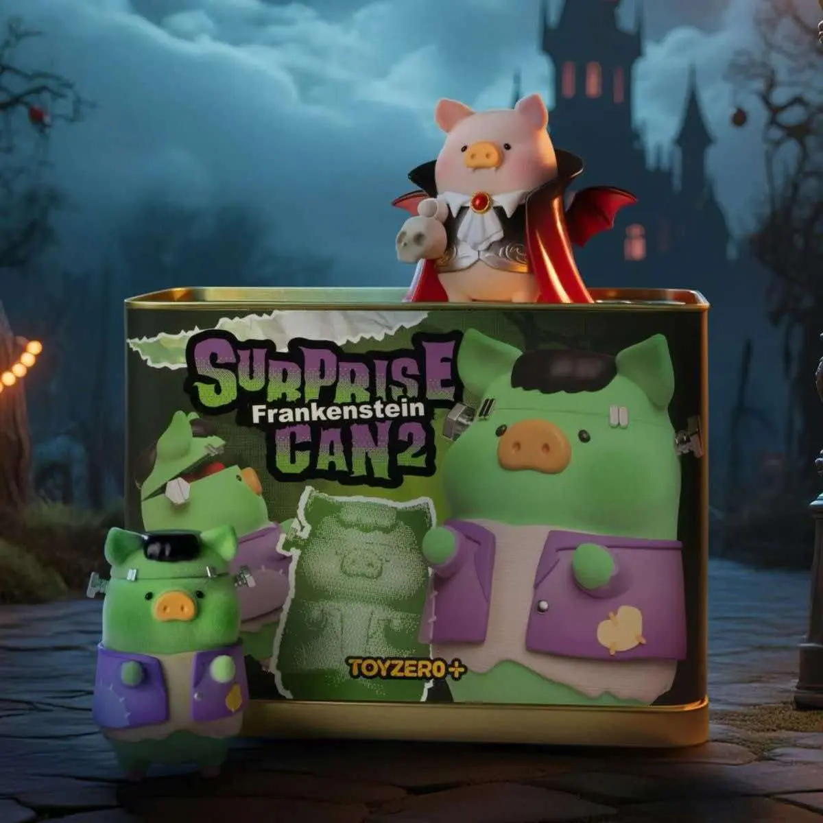 TOYZERO+ Frankenstein Pig Surprise Can 2 Halloween Themed Collectible Blind Box, Cute Frankenstein & Vampire Pig Resin Figurine, Spooky Decor Gift for Pig Lovers